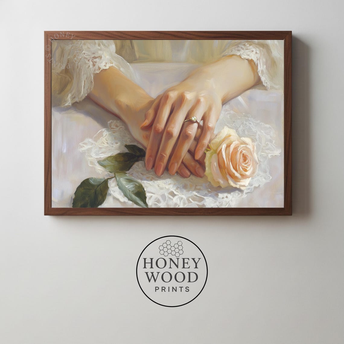 Soft Sweet Romantic Bridal Hands Wedding Ring Lace Rose Wall Art
