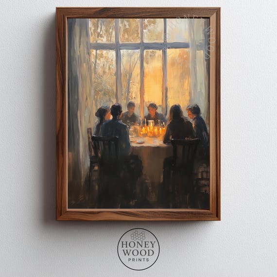Family Candlelit Dinner At Sunset Window Warm Oil Painting Poster