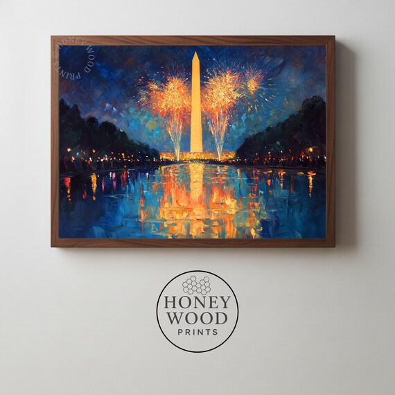 Luminous Nighttime Washington Monument Moody Cityscape Painting Dramatic Festive Reflections Wall Art 136