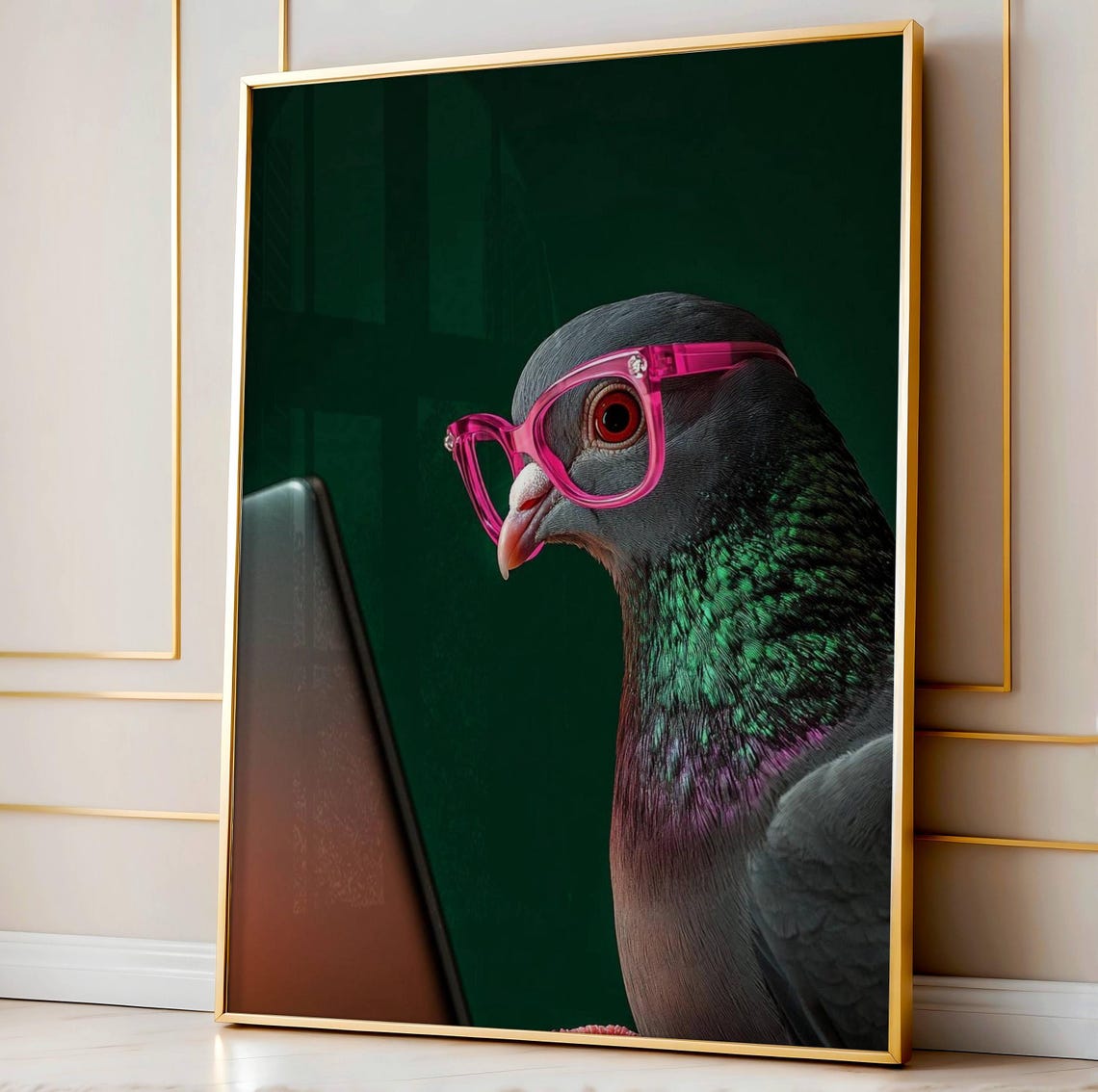 Funny Pigeon Using Laptop Trendy Bathroom Humor Art Print Home Decor Programmers Bird Posters