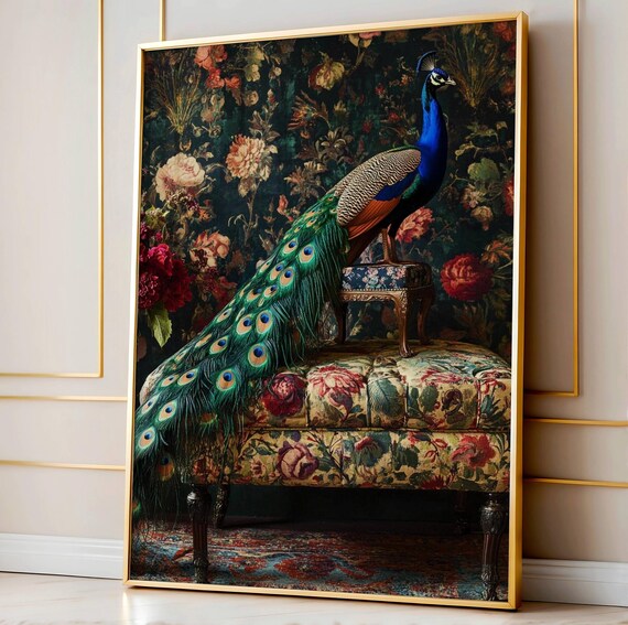 Maximalist Peacock Wall Art Elegant Bird Print Floral Boho Poster Bold Animal Decor Vintage Glam Home For Eclectic Rooms