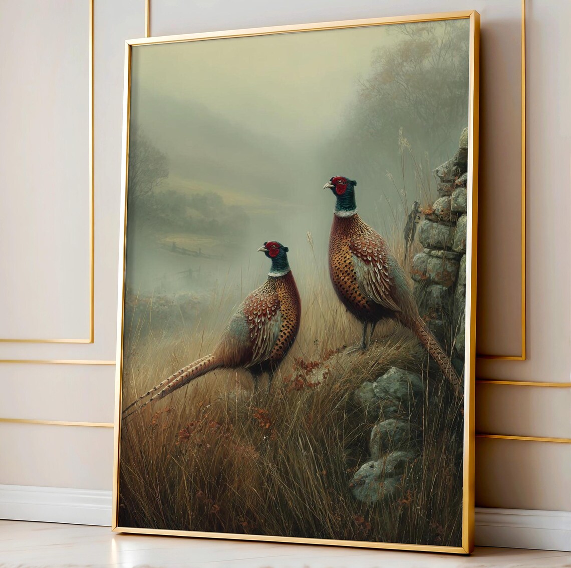 Two Ring-Necked Pheasants by a Stone Wall in Misty Meadow Poster