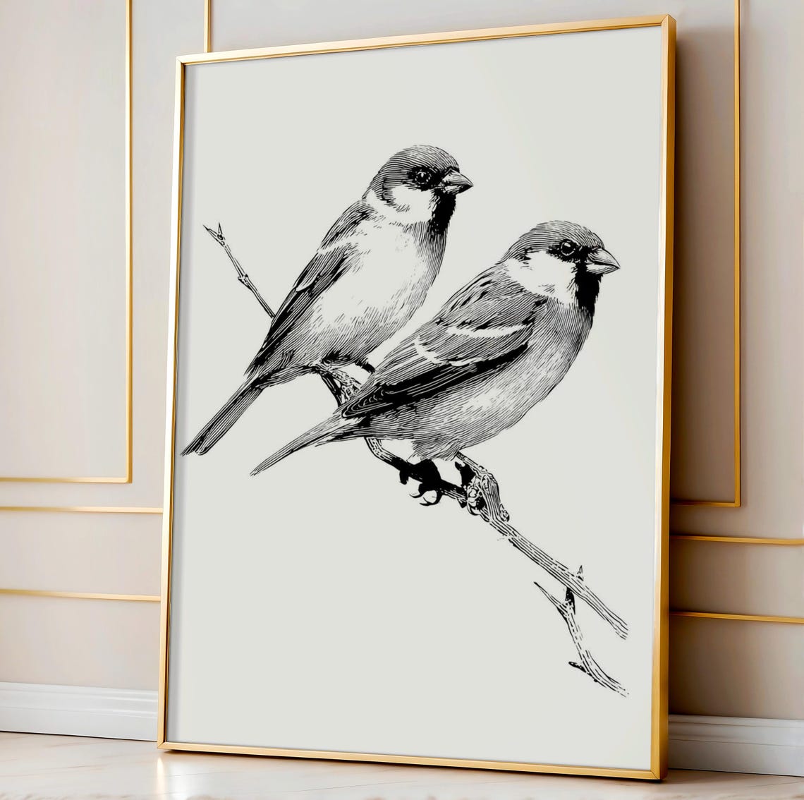 Two Sparrows Perched On Branch Vintage Engraving Style Bird Poster