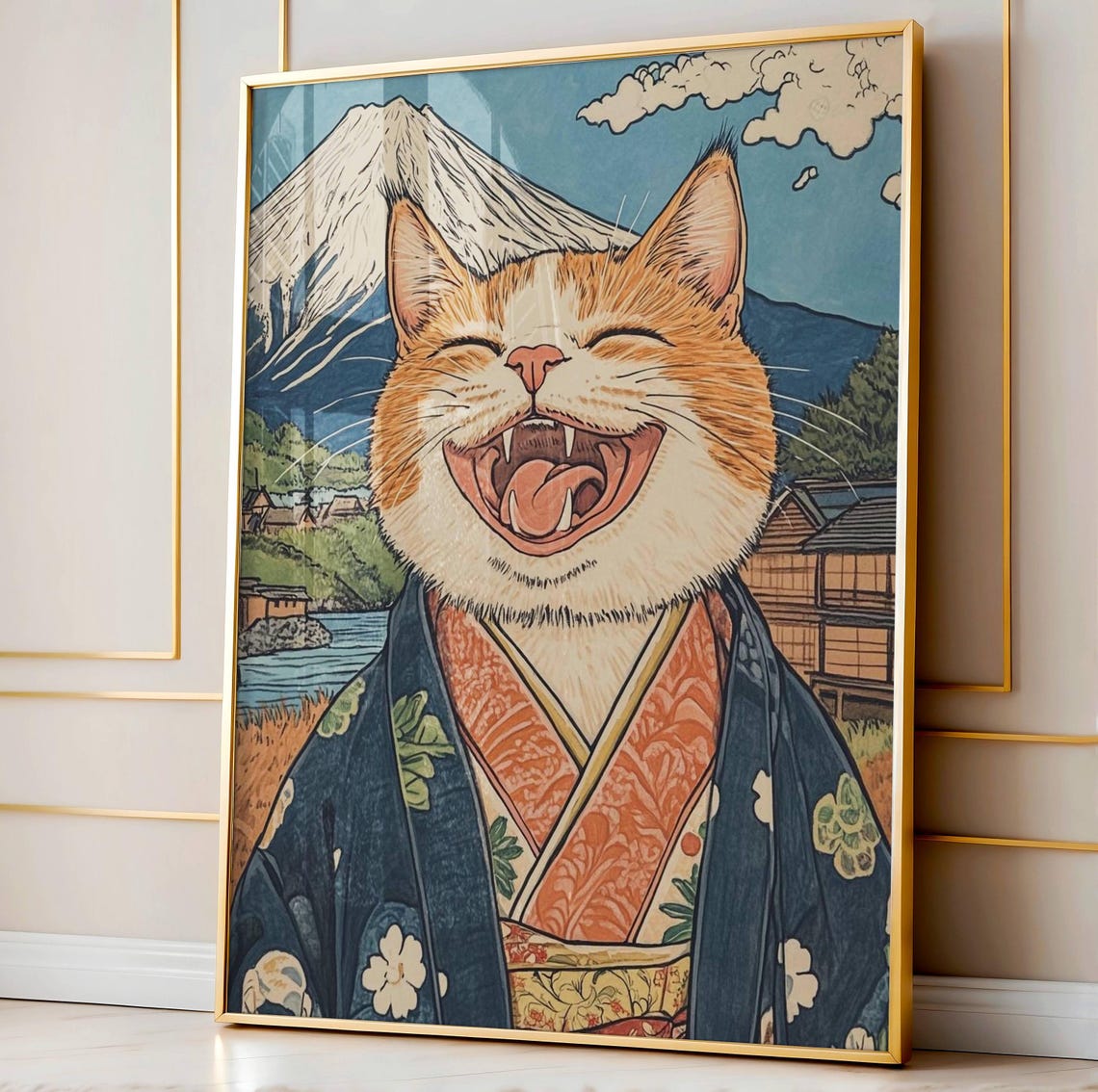 Laughing Cat In Kimono With Mount Fuji Japanese Ukiyo-e Style Poster