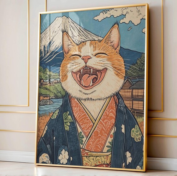 Laughing Cat In Kimono With Mount Fuji Japanese Ukiyo-e Style Poster