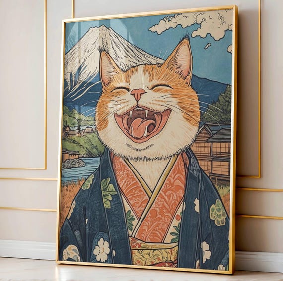 Lucky Chinese Cat Art Whimsical Anime Wall Decor Japanese Retro Poster Cute Lover Print Travel