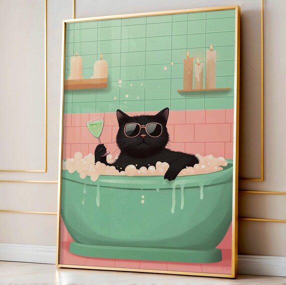 Black Cat In Bubble Bath Sunglasses Cocktail Spa Bathroom Art Print