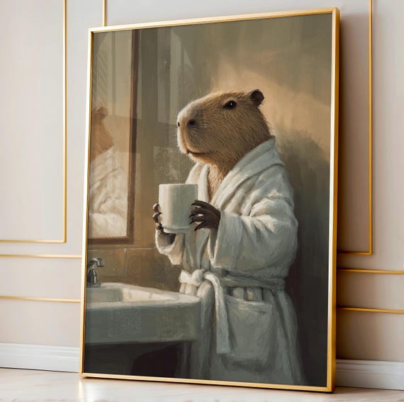 Capybara Coffee Wall Art In Robe Bathroom Print Funny Morning Animal For Kids Decor And Humor