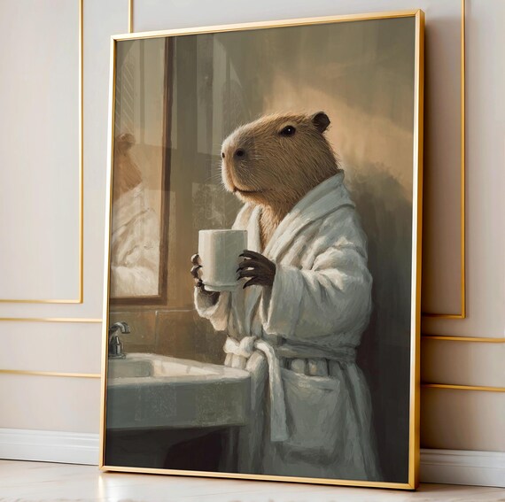Capybara in Bathrobe With Morning Coffee Funny Bathroom Poster
