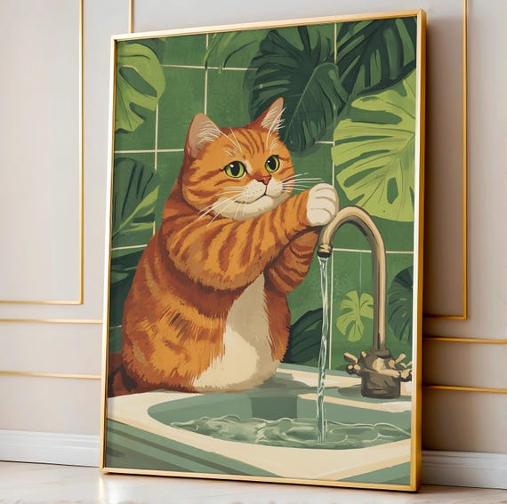 Wash Your Paws Orange Cat Funny Bathroom Poster