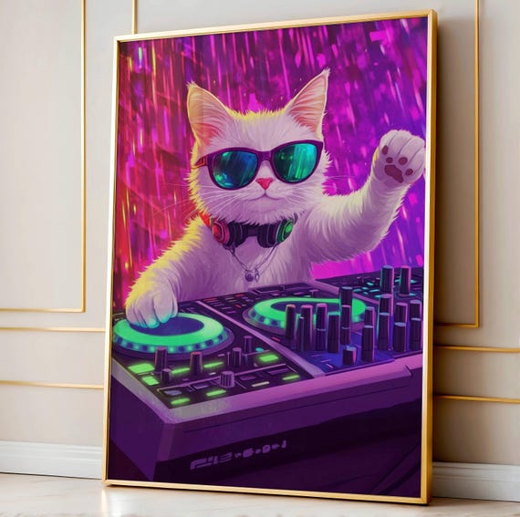 Disco Cat Dj Poster Funny Print Cute Kitten Wall Art Colorful Retro Party Decor Doing Things Illustration