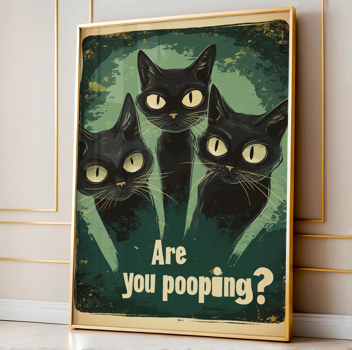 Funny Black Cats Are You Pooping Vintage Green Bathroom Humor Poster
