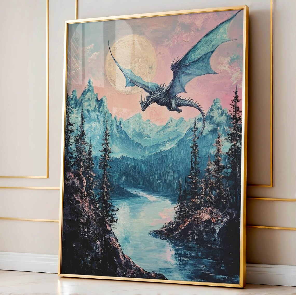 Dragon Soaring Over Mystic Forest Fantasy Poster