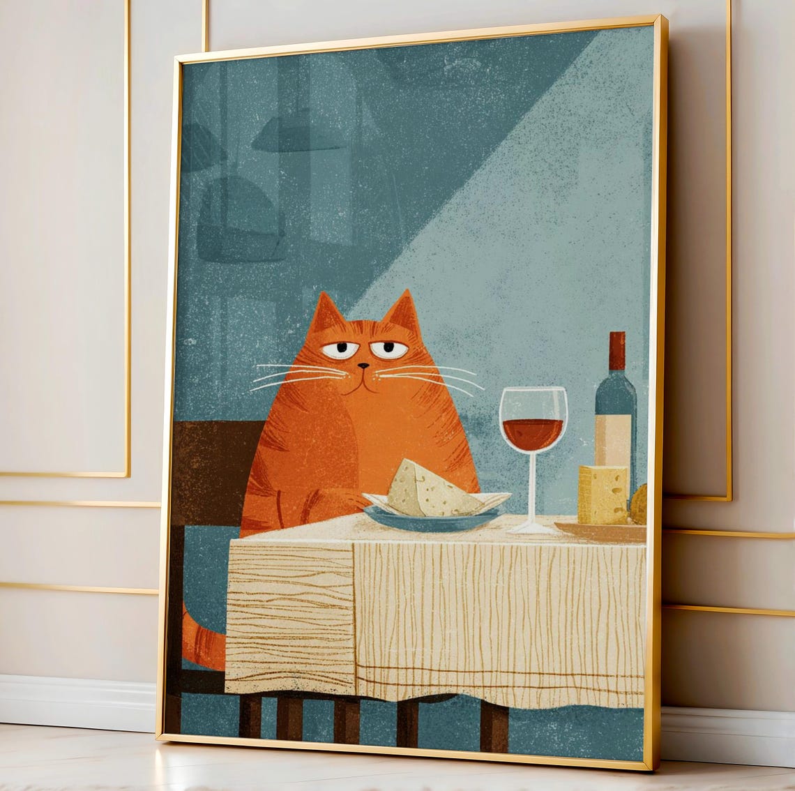 Orange Cat Cheese and Wine Dinner Retro Table Poster for Cat Lovers