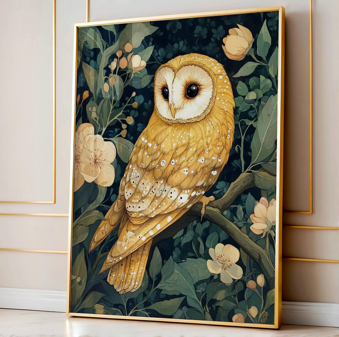 Golden Barn Owl Among Blossoms Vintage Botanical Bird Wall Art
