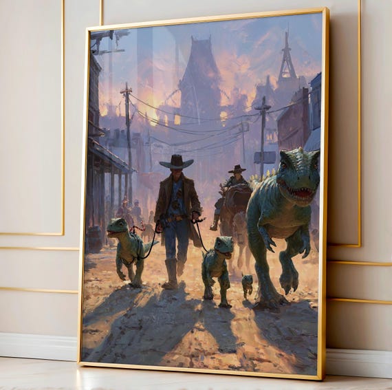 Cowboys Walking Baby Dinosaurs Art Funny Jurassic Western Print Sunset Town Poster Unique Cowboy Gift For Him