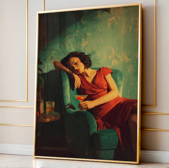 Red Dress Cocktail Lounge Vintage Glam Woman Painting Poster