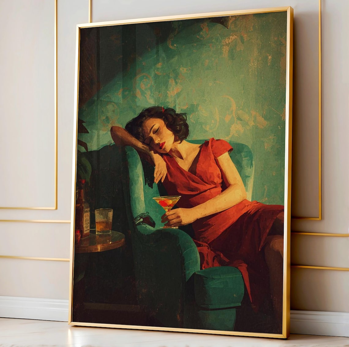Red Dress Cocktail Lounge Vintage Glam Woman Painting Poster