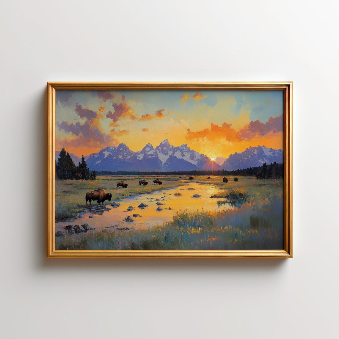 Bison Painting Sunset Grand Teton Landscape Print