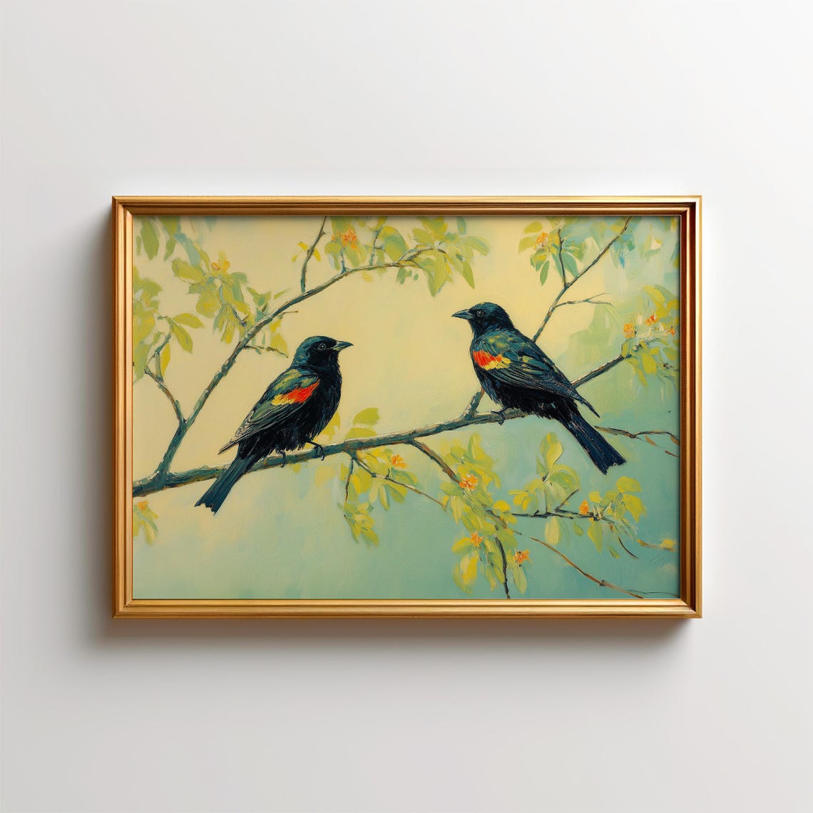 Red Winged Blackbirds Pair on Leafy Branch Spring Nature Art Poster