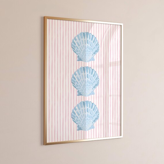 Trio of Blue Scallop Shells on Pink Stripes Coastal Watercolor Print