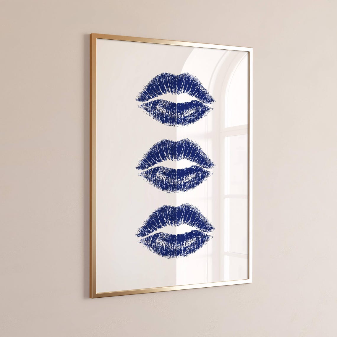 Navy Blue Kiss Mark Trio Lipstick Lips Minimalist Bold Wall Poster