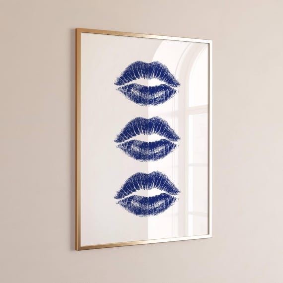 Navy Blue Kiss Print Minimalist Lips Wall Art Bold Modern Poster For Bedroom Or Bathroom Decor