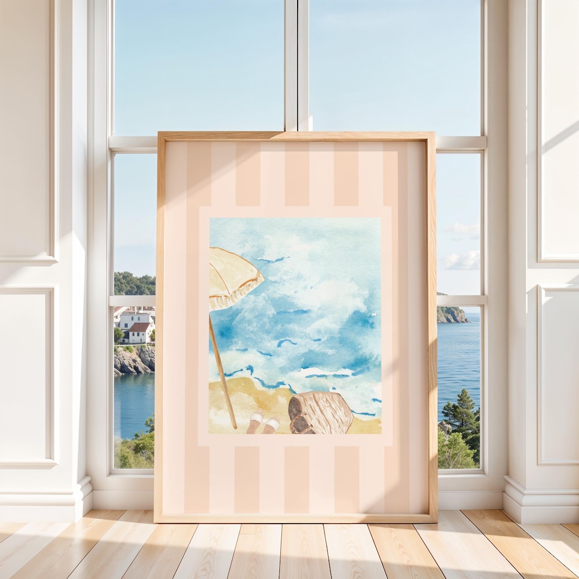 Beach Day Watercolor With Umbrella Waves Coastal Summer Art Poster