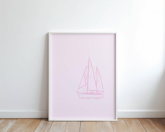 Pink Sailboat Line Art Sketch Minimal Coastal Nautical Decor Poster