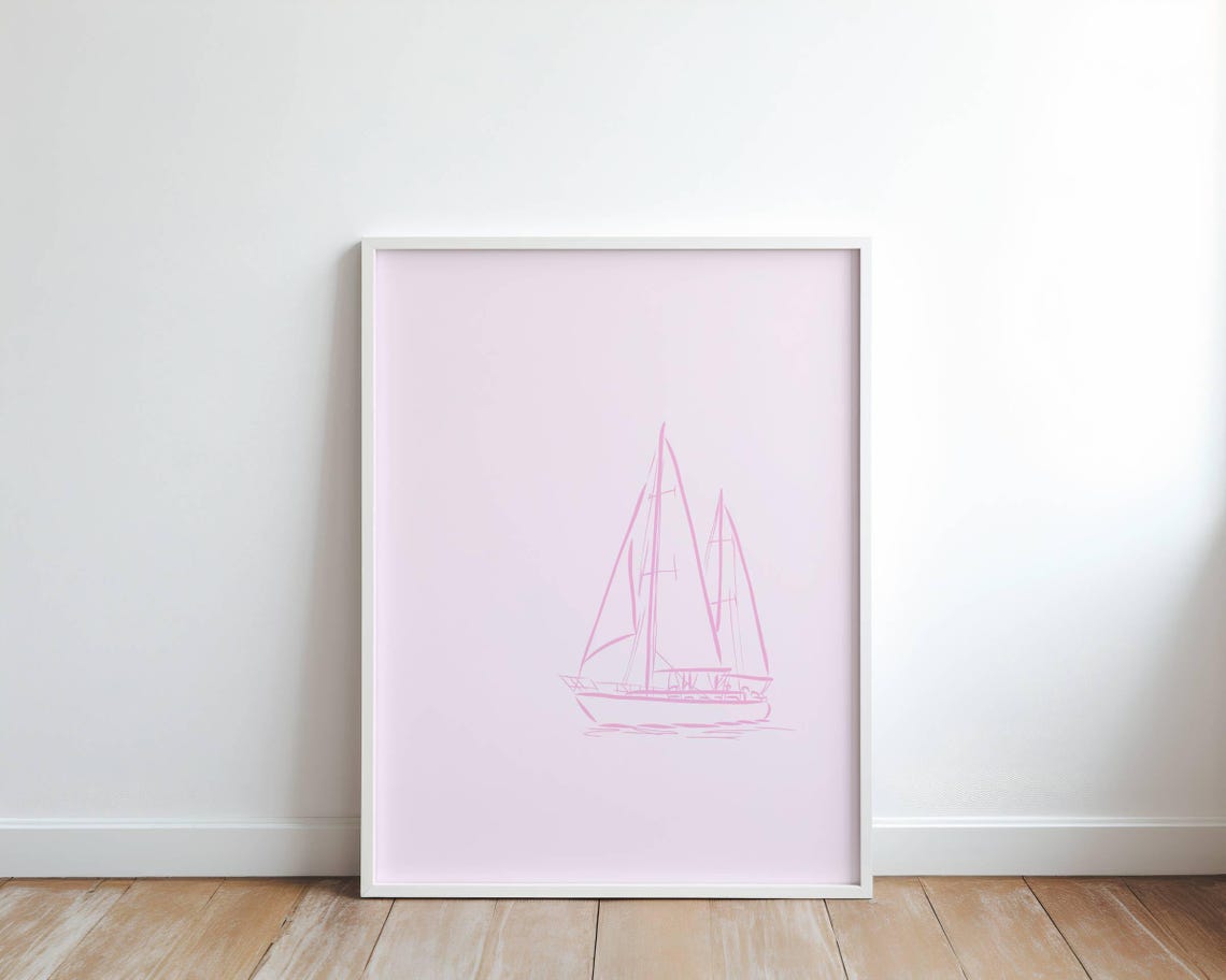Pink Sailboat Line Art Sketch Minimal Coastal Nautical Decor Poster