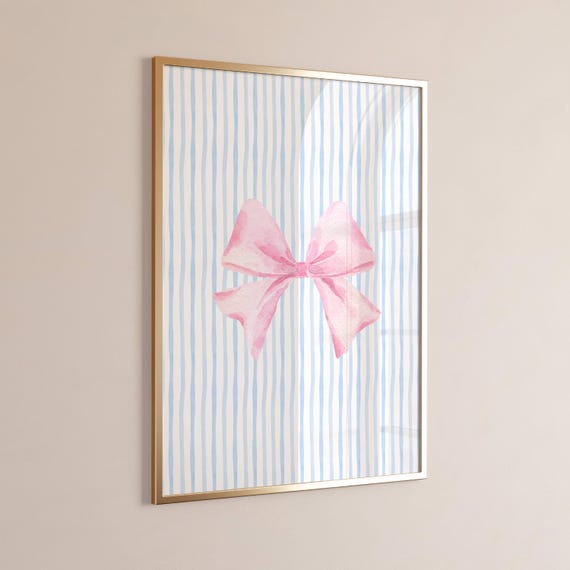 Pink Bow On Blue Stripes Print Preppy Girly Wall Art Cute Pastel Poster Instant Room Decor