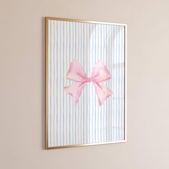 Pink Watercolor Bow on Blue Stripes Coquette Girly Wall Poster