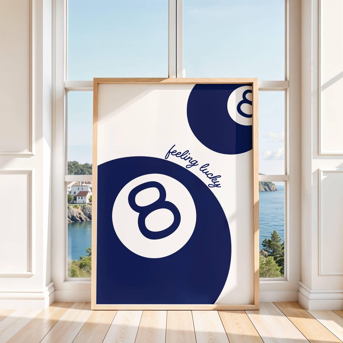 Feeling Lucky Navy Eight Ball Retro Game Room Pool Hall Wall Poster