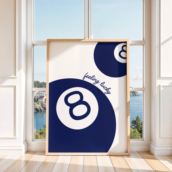 Feeling Lucky Navy Eight Ball Retro Game Room Pool Hall Wall Poster