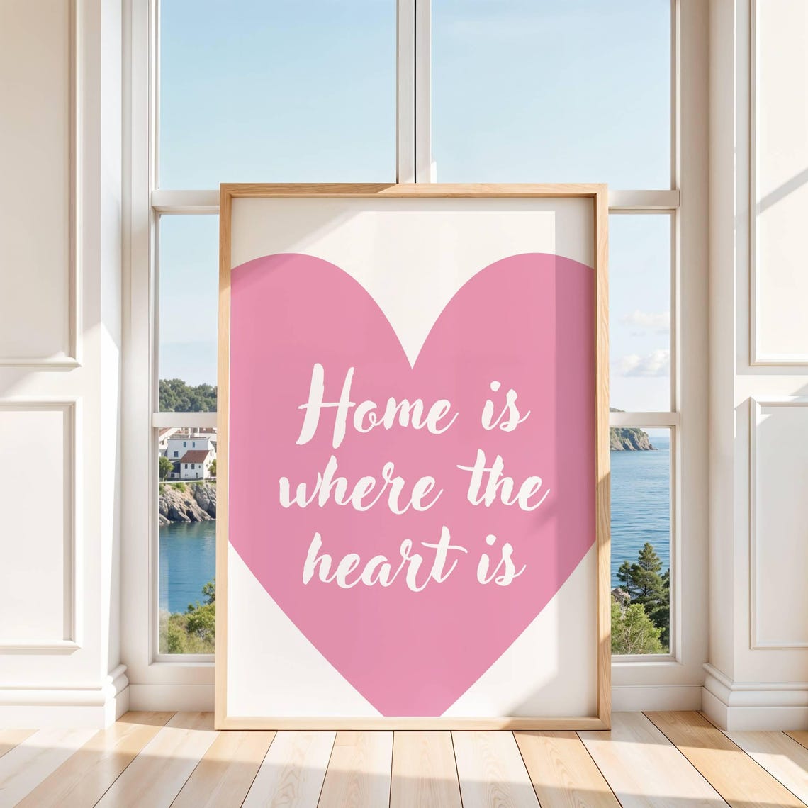 Home Is Where The Heart Is Pink Heart Love Script Quote Wall Poster