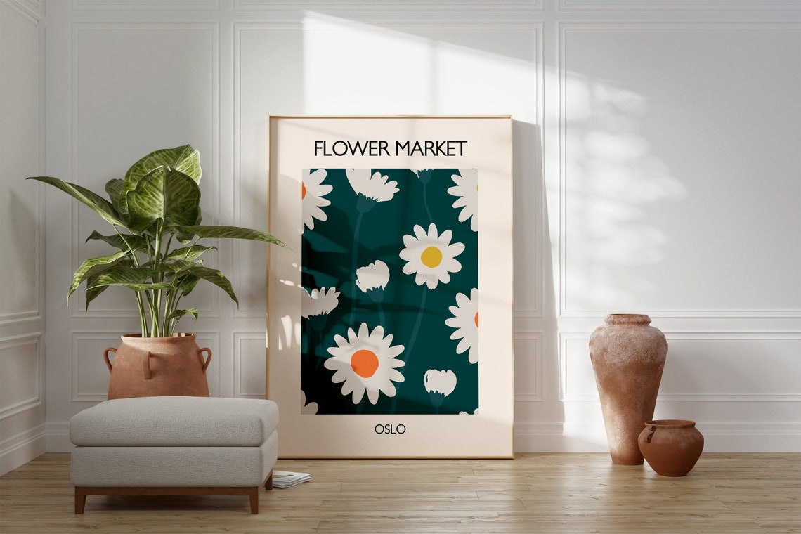 Flower Market Oslo White Daisy Floral Vintage Poster on Teal - Image 3