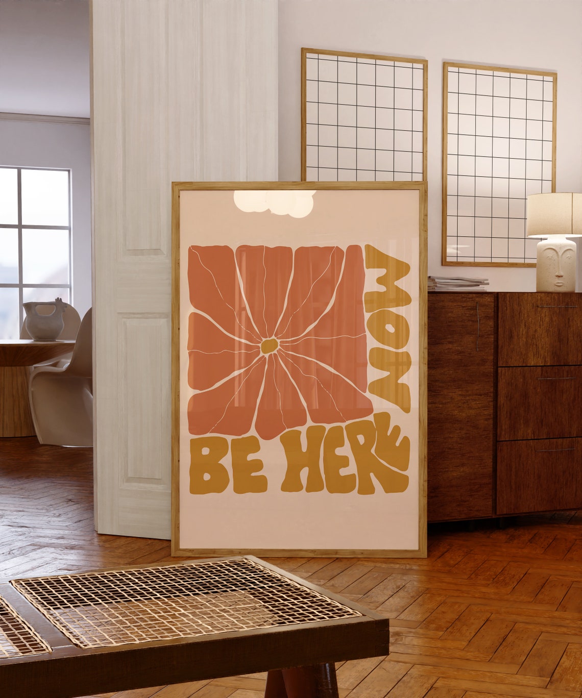 Be Here Now Retro Quote Poster with Orange Floral Mindfulness Design - Image 5