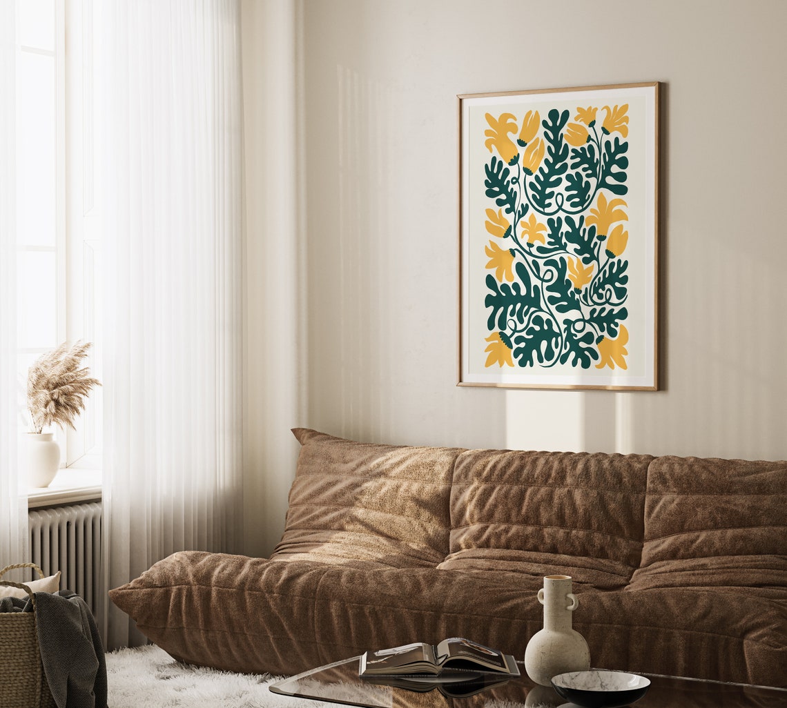 Mustard Yellow Blossom Dark Green Leaf Bold Botanical Art Poster - Image 3