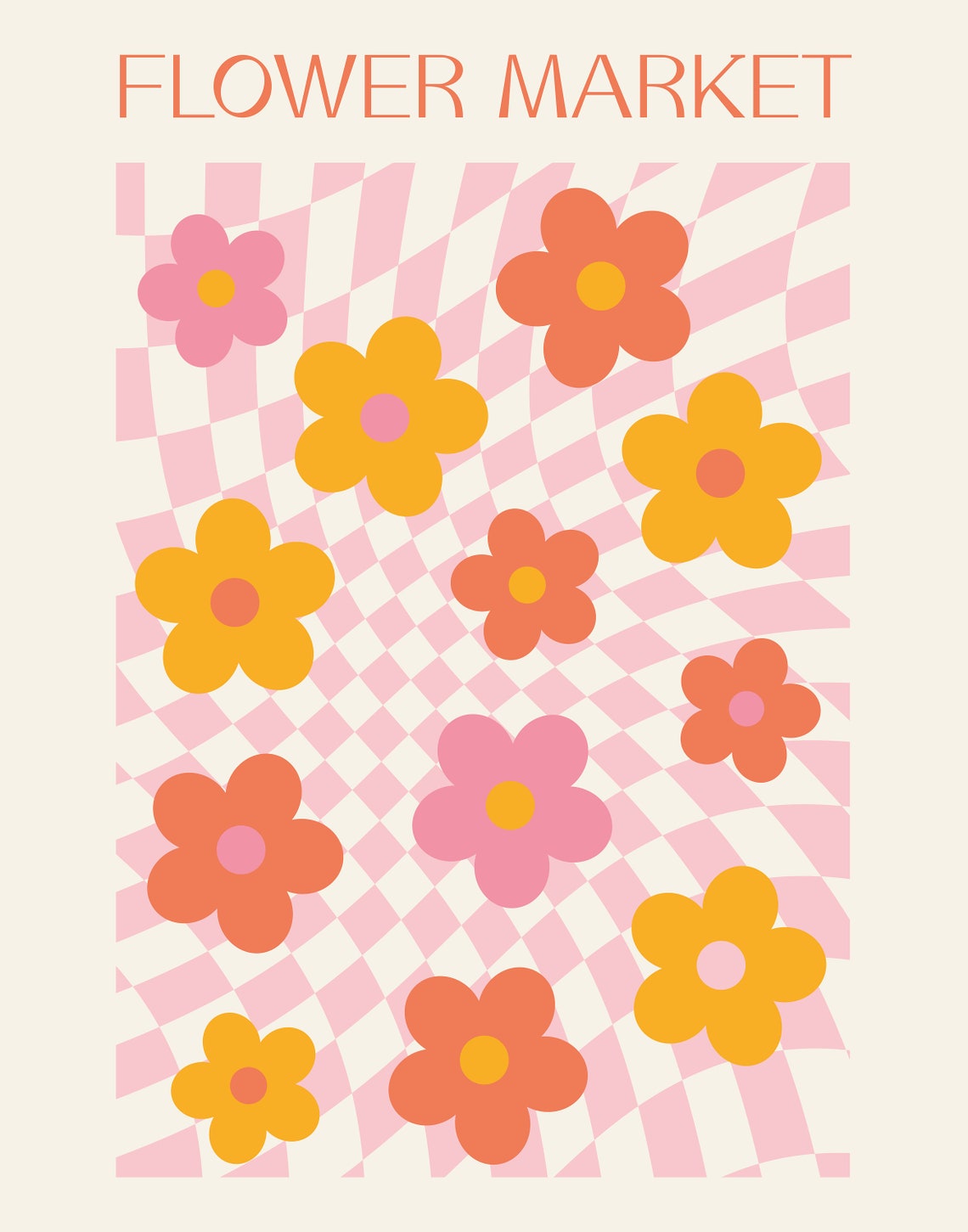 Flower Market Groovy Retro Blossoms Checkered 70s Art Poster - Image 4