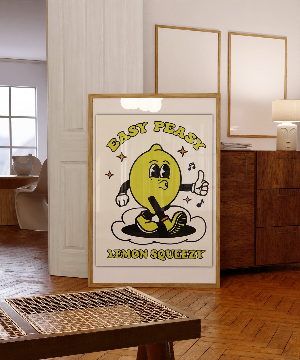 Easy Peasy Lemon Squeezy Retro Mascot Food Quote Poster for Kitchen