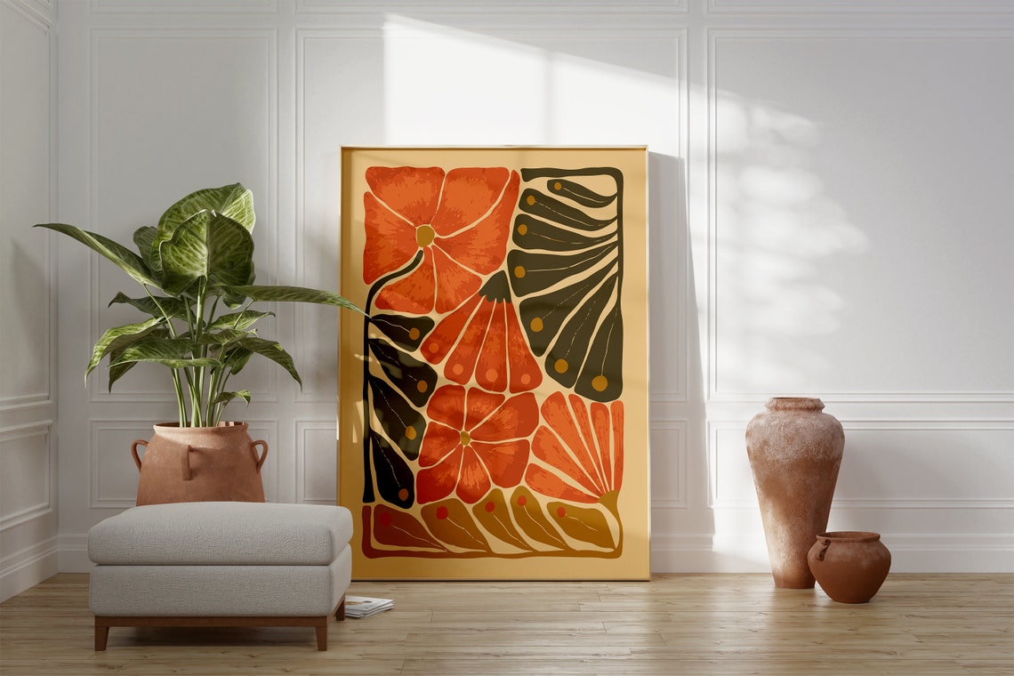 Burnt Orange Floral Folk Pattern Modern Botanical Decor Poster - Image 3