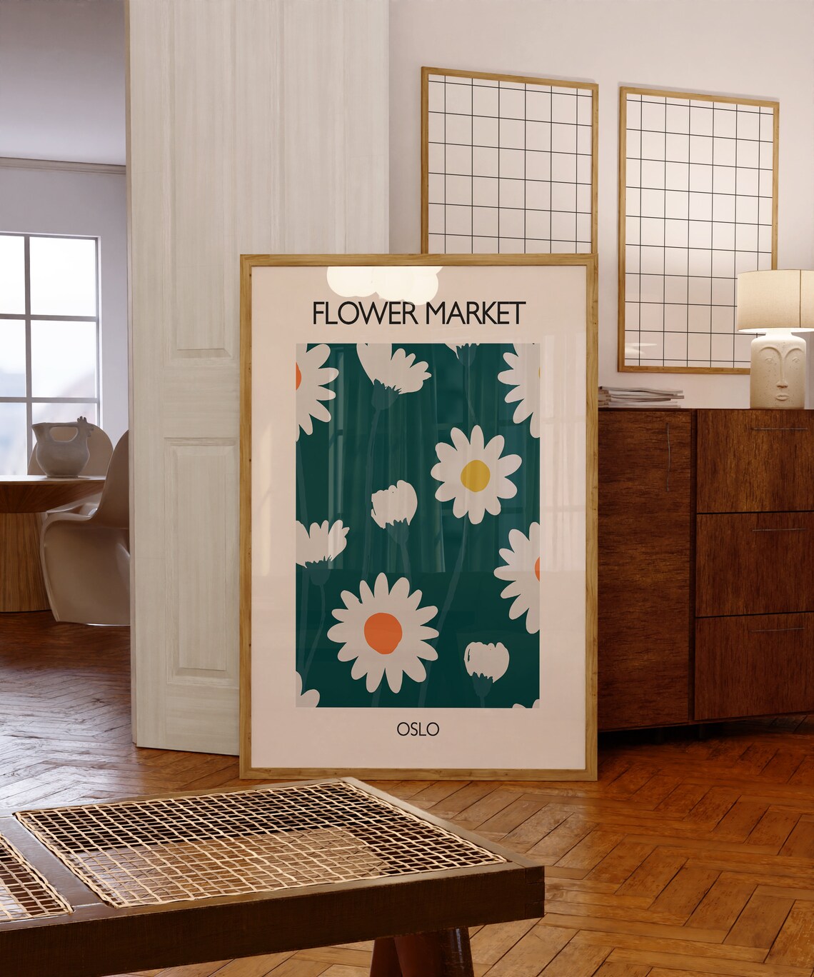 Flower Market Oslo White Daisy Floral Vintage Poster on Teal - Image 5