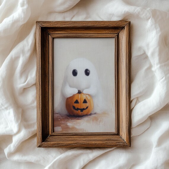 Cute Ghost With Pumpkin Halloween Spooky Sweet Painting Poster