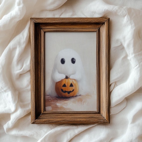 Cute Ghost With Pumpkin Print Dark Halloween Art Moody Decor Dark Academia Decor Spooky Halloween Fall Art 728