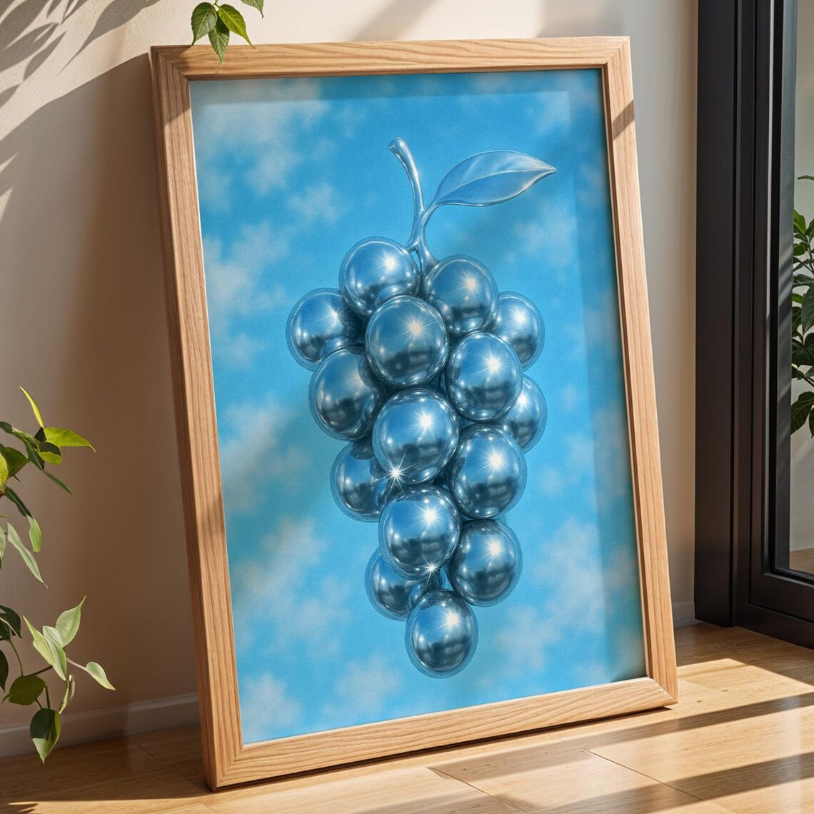 Shiny Chrome Grapes Dreamy Blue Sky Surreal Fruit Art Poster
