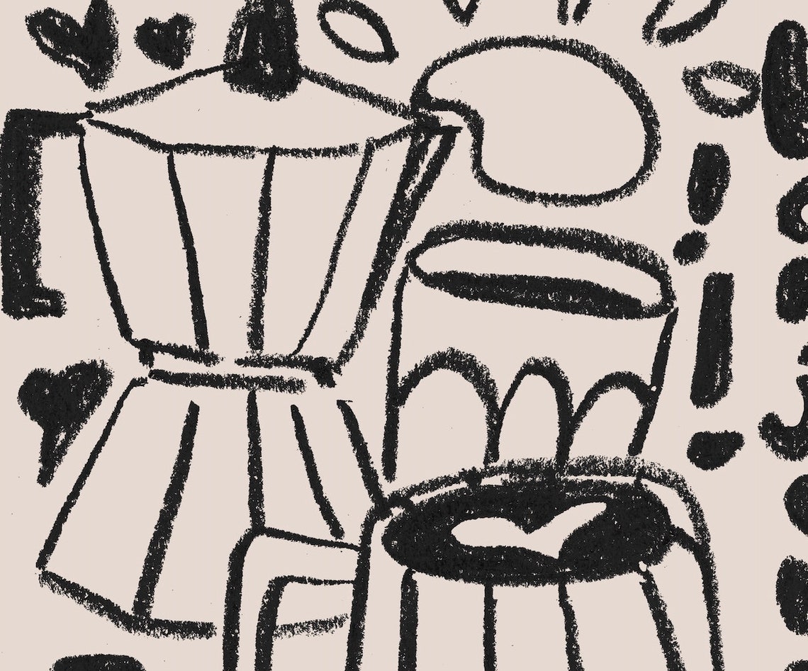 Bonjour Cafe Charcoal Sketch Moka Pot Coffee Cups Kitchen Art Print - Image 3