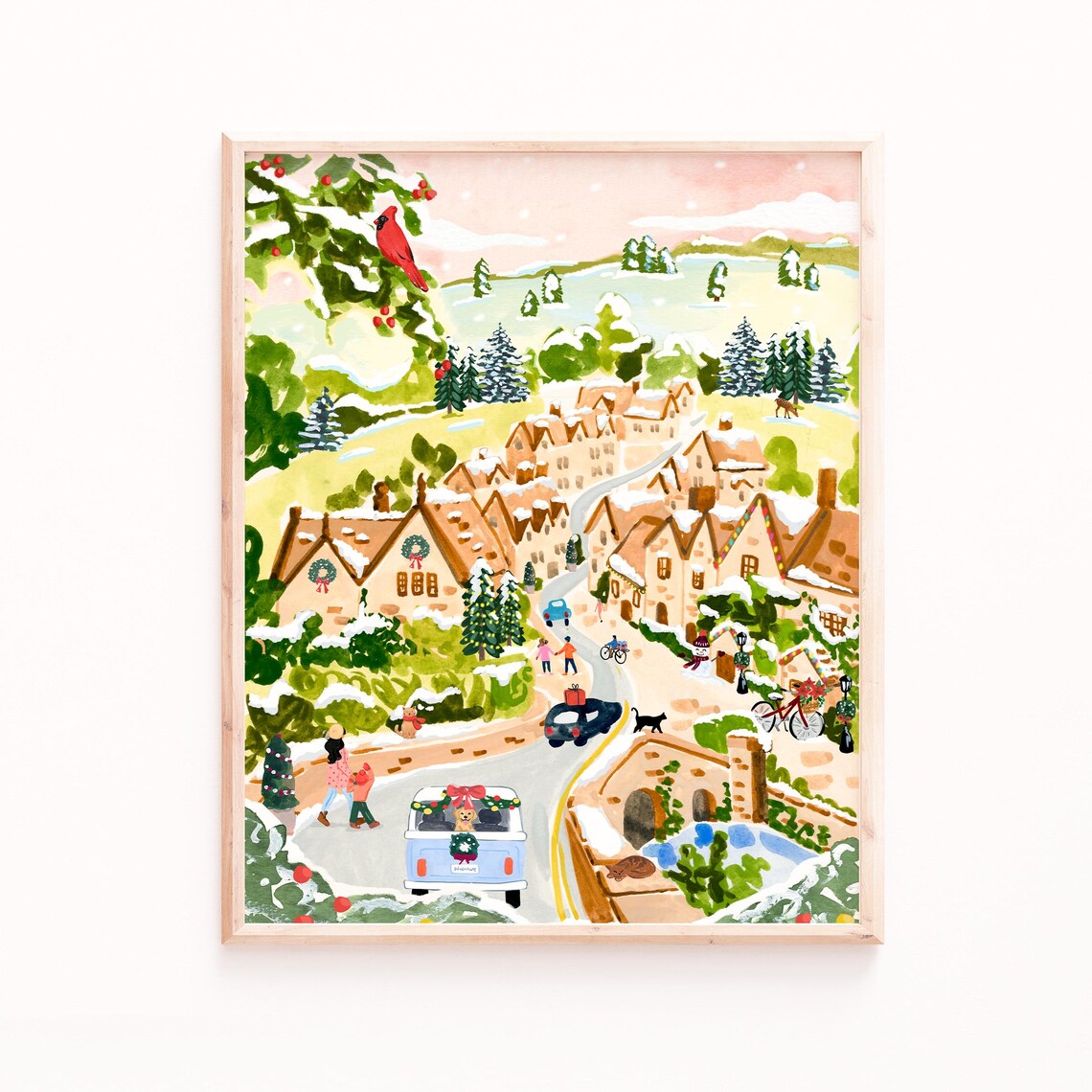 Cotswolds Winter Village Art Print, Holiday Decor
