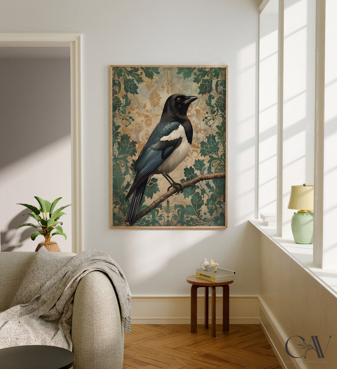 Magpie Bird Perched Among Green Foliage Vintage Botanical Poster