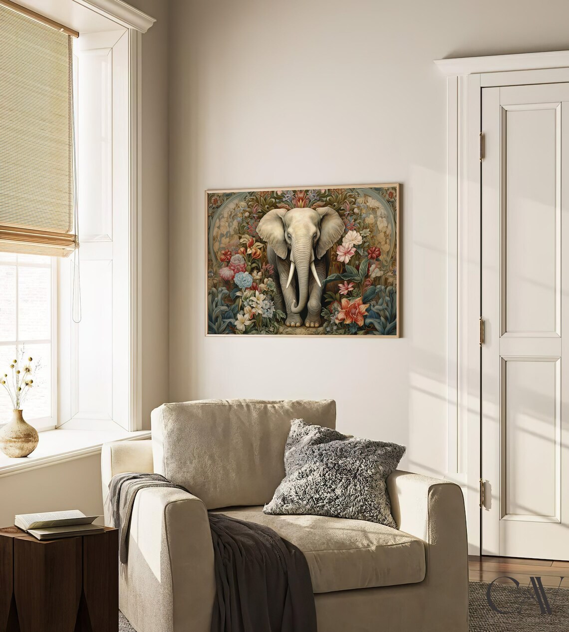 White Elephant Surrounded by Blooming Flowers Lush Botanical Art Poster - Image 3