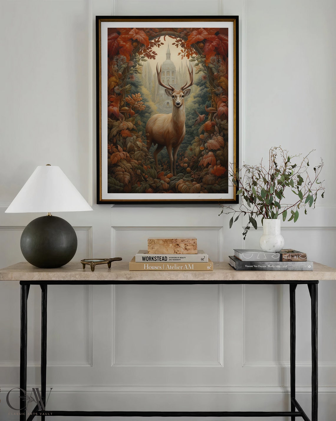 Stag with Antlers in Autumn Forest Arch with Distant Palace Poster - Image 3